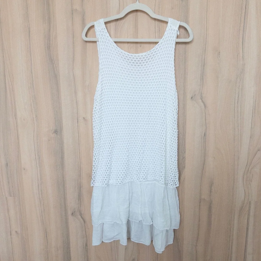 Womens Lace Layered Dress L White Mesh Floral Embroidered Boho Festival Italy